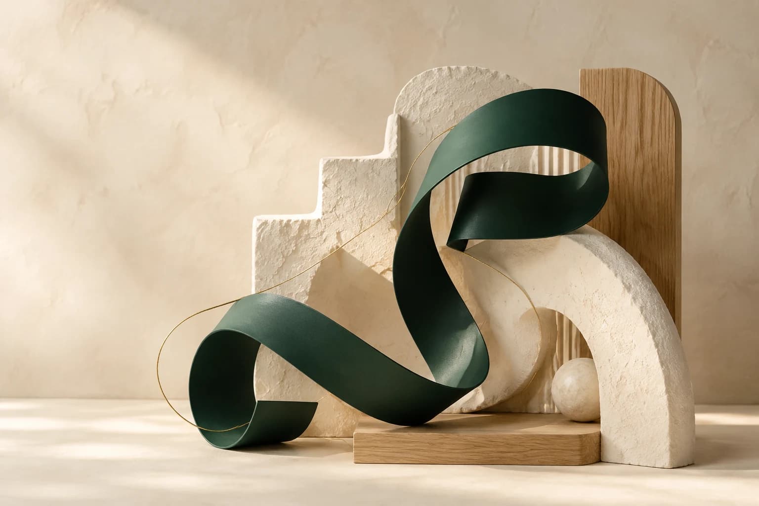 Composition artistique de matières claires, de bois et d’un ruban vert reliés par un fil doré