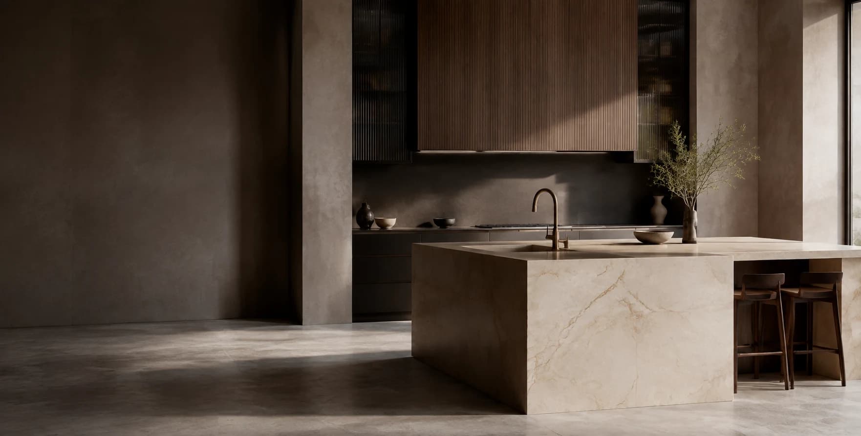 Cuisine d’architecte avec îlot en pierre naturelle, bois sombre et finitions en bronze